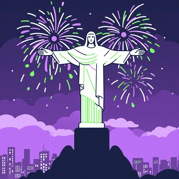 A nighttime scene featuring "Christ the Redeemer" standing majestically atop a mountain. The statue is illuminated and is the focal point of the image. Above, "spectacular fireworks" burst in a variety of shapes and sizes, filling the night sky with colors and light. The fireworks create a dynamic display around the statue, with trails of light radiating outward. Below, the city lights twinkle, providing a contrasting backdrop to the vibrant fireworks. The scene captures the essence of a festive New Year's Eve celebration.