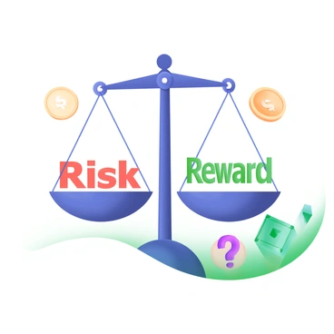 A modern pastel illustration of a balance scale. On the left side of the scale, the word "Risk" is displayed in bold, red letters. On the right side, the word "Reward" is shown in bold, green letters. The scale is set against a soft, neutral background, and there are small graphical elements like coins, a dollar sign, and a question mark surrounding the balance, emphasizing the concept of weighing risk versus reward.