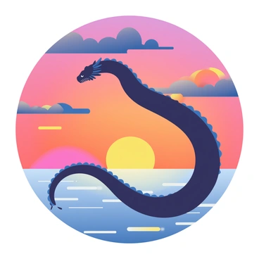 A silhouette of "Jormungandr" is depicted against a stunning sunset sky. The sky is filled with vibrant shades of orange, pink, and purple as the sun sets on the horizon. The massive serpent's form is outlined sharply against the colorful backdrop, emphasizing its long, winding body. The scales of the serpent catch the fading light, creating a subtle glow along its edges. Below, the ocean is still, reflecting the colors of the sunset and creating a serene contrast with the dynamic silhouette above.