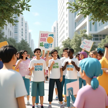 A group of young activists, each representing a different background, gathers in a vibrant city square. The activists hold colorful signs with phrases like "Save Our Planet" and "Climate Justice Now," while some wear T-shirts showcasing environmental messages. The scene includes a diverse mix of individuals: a young woman with curly black hair, a young man with straight brown hair, and a young person with dyed blue hair. The city square is lively, featuring modern buildings and greenery, with some activists passionately speaking while others cheer in support. Sunlight filters through trees, casting dynamic shadows on the ground.