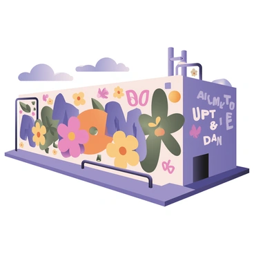 A digital flat illustration depicting a large factory wall that is covered in vibrant graffiti art. The wall features various colorful designs, including "abstract shapes" in blue and orange, "large flowers" in yellow and pink, and "bold geometric patterns" in green and purple. There are also "words" and "phrases" creatively incorporated into the artwork, each stylized in different fonts. The surrounding area includes some industrial elements like "metal pipes" and "concrete" surfaces, contrasting with the brightness of the graffiti. A blue sky with a few fluffy white clouds is visible above the factory.