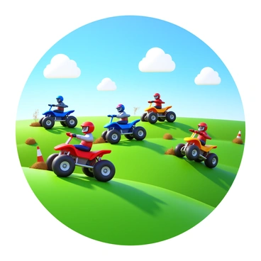 Several ATVs in vibrant colors, such as red, blue, and yellow, are racing across a wide open grass field. The ATVs are in dynamic positions, some airborne over small hills, kicking up clumps of grass and dirt behind them. The riders are wearing helmets and protective gear, focused on the race. The sky above is clear with a few fluffy white clouds, and the sun is shining brightly, casting shadows on the ground. The scene captures the excitement and energy of the competition.