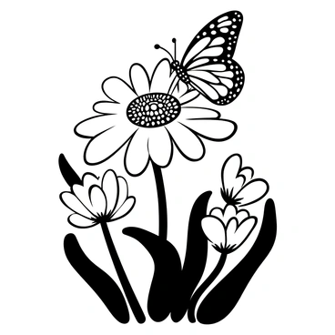 A "monarch butterfly" perched on a flower with intricate petals. The butterfly's wings are open, showcasing its distinctive patterns. The flower is large, with a detailed structure and multiple layers of petals. There are additional flowers of varying shapes and sizes surrounding the main flower, creating a lush environment. The scene conveys a sense of harmony as the butterfly interacts with the flower.
