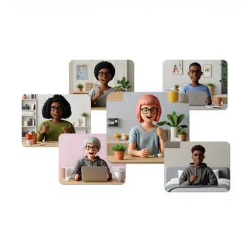 A group of five characters from diverse backgrounds engaging in a video call. The first character is a young woman with curly black hair and glasses, wearing a green sweater. She is seated in a cozy living room with plants in the background. The second character is a middle-aged man with a shaved head and a light blue shirt, sitting at a kitchen table surrounded by fruit and coffee cups. The third character is a teenager with dyed pink hair and a graphic t-shirt, in a bright room adorned with posters. The fourth character is an elderly woman with gray hair in a bun, wearing a floral dress, sitting in a well-lit study with bookshelves behind her. The fifth character is a young man with short brown hair and a hoodie, sitting on a bed with a laptop, with a wall showing a basketball poster. Each character is smiling and engaged in conversation, their screens divided into boxes displaying their friendly expressions.