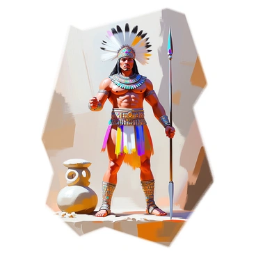 An Aztec warrior stands confidently, wearing traditional attire that includes a feathered headdress adorned with vibrant colors. His muscular build is accentuated by a decorated loincloth and a chest plate made from intricate patterns. In his right hand, he grips a long spear, the metal tip gleaming in the light. The warrior's expression is fierce and determined, highlighting his readiness for battle. Around him, elements of the Aztec culture can be seen, such as carved stone artifacts and symbols representing his heritage. The scene conveys a sense of strength and bravery.