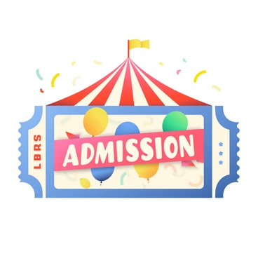 A colorful carnival admission ticket is displayed prominently in the center. The ticket features vivid graphics of a striped circus tent in shades of red and white at the top. Below the tent, there are playful patterns of balloons in various colors, including blue, yellow, and green. The ticket has bold, playful typography on it that reads "Admission" in large letters. There are decorative borders with confetti patterns, adding to the festive appearance of the ticket. The background is a soft gradient that complements the bright colors of the ticket design.