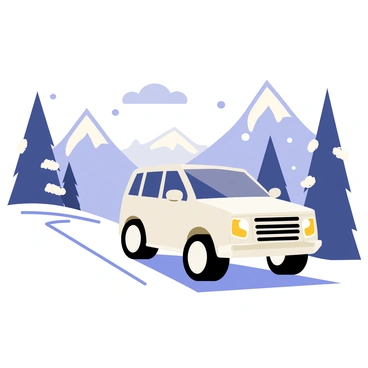 A white Range Rover driving down a winding road in a snow-covered mountain pass. The mountains in the background are tall and majestic, blanketed in fresh white snow. Snowflakes are gently falling from the cloudy sky, creating a whimsical atmosphere. Pine trees on either side of the road are dusted with snow, adding to the winter scenery. The headlights of the Range Rover are on, illuminating the path ahead, while tire tracks are visible in the snow.
