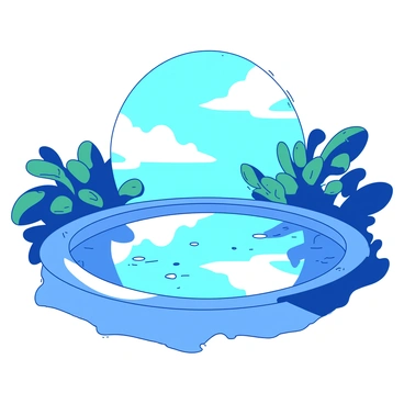 A blue pool of water is perfectly still, reflecting the sky above like a mirror. The surface of the pool shows crisp clouds and blue hues directly mirrored in it. Surrounding the pool are green leaves of nearby plants, adding depth to the scene, while the sunlight casts gentle shadows near the edges of the pool.