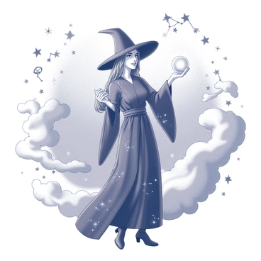 A witch stands in a dynamic pose, surrounded by various celestial elements. She wears a flowing robe with intricate patterns inspired by the night sky. Her arms are raised, with one hand holding a glowing orb that emits light. Surrounding her are swirling clouds of mist and small sparkles resembling stars. The background is filled with numerous constellations, each clearly defined and shining brightly. The scene conveys a sense of magical energy and connection to the cosmos.