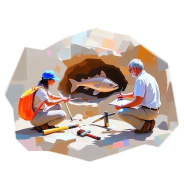 A group of paleontologists, consisting of three individuals, is engaged in the process of uncovering a coelacanth fossil embedded in a rocky outcrop. One paleontologist, a woman with dark hair and wearing a blue cap, is carefully brushing away dirt from the fossil with a delicate brush. Another paleontologist, a man with light skin and glasses, is holding a measuring tape to document the size of the fossil, while the third, a middle-aged man with gray hair, is taking notes on a notepad. The coelacanth fossil is partially visible, with its distinctive lobed fins and ancient features clearly outlined in the rock. Surrounding the scene are various tools of the trade, including a pickaxe, brushes, and a backpack, all situated on the ground.