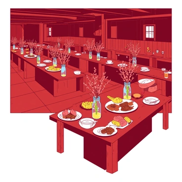 A red rustic banquet hall features long wooden tables arranged in a warm, inviting manner. Each table is adorned with mason jar centerpieces filled with wildflowers, creating a natural aesthetic. Hearty dishes are presented on rustic wooden platters, showcasing an array of colorful food items. Soft lighting enhances the cozy atmosphere, highlighting the textures of the wood and the details of the dishes.