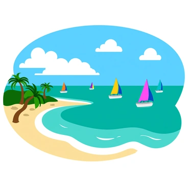 A peaceful seaside scene in Sarasota features a bright blue sky with fluffy white clouds. The ocean is a rich shade of turquoise, gently lapping at the sandy shore. Multiple sailboats with colorful sails float on the water, some in the foreground and others further out, creating a sense of depth. The horizon is clear, showcasing a seamless blend of ocean and sky. There are a few wispy palm trees lining the edge of the beach, their fronds swaying softly in the breeze.