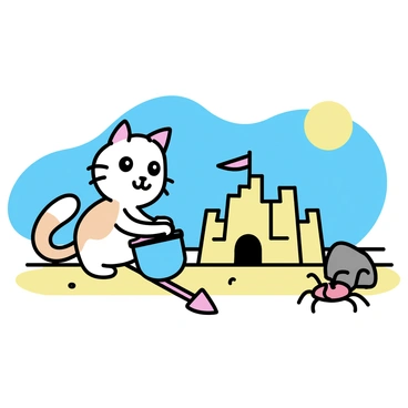 A cartoon cat with large, expressive eyes and a fluffy tail is constructing a sandcastle on a bright beach. The cat is using a blue plastic bucket to mold the sand, and a pink shovel rests beside it. The sandcastle has multiple towers and a door, with a flag made of a small leaf on top. Nearby, a small crab with a shiny red shell is peeking out from behind a rock, its claws raised slightly. The sun is shining brightly in the clear blue sky, casting shadows on the sand.