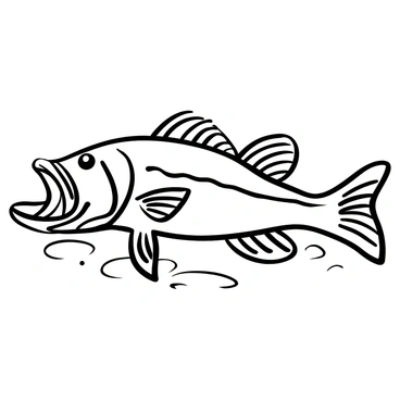 A large, detailed illustration of a "largemouth bass" positioned horizontally. The bass is depicted with its "distinctive mouth" opened wide, showcasing its large jaws. The body of the bass is adorned with a series of elegant curved lines representing its scales. The fins are extended, displaying their intricate details. The illustration emphasizes the proportions of the fish, with a clear focus on the shape and structure of the mouth. Surrounding the fish is a subtle suggestion of water ripples, enhancing the aquatic theme.
