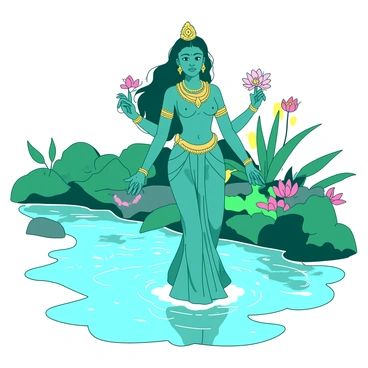 A teal Goddess Lakshmi stands gracefully by a flowing river. She is adorned with intricate gold jewelry and colorful garments that drape beautifully around her figure. Her hair flows elegantly, and she holds lotus flowers in her hands. The water of the river is clear and sparkling, reflecting her image with a shimmering effect. Surrounding the riverbank are lush green plants and vibrant flowers, enhancing the serene atmosphere of the scene.