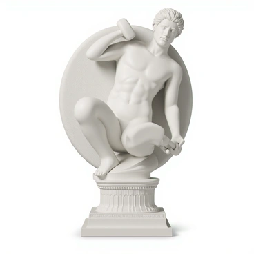 An ancient Greek statue depicting a muscular male figure, with defined abs and broad shoulders, holding a heavy dumbbell in a concentration curl pose. The figure has thick, flowing hair and a strong jawline, showcasing the classical beauty of Greek sculptures. The statue is intricately carved, with detailed veins on the arms and a focused expression on the face. The figure is positioned on a pedestal with ornate designs, surrounded by a textured stone background that emphasizes the statue's form and posture.