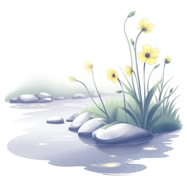 Evening primroses are growing along the banks of a gently flowing river. The flowers have large, yellow petals that open in the evening. The river is edged with smooth stones and soft greenery. The water flows calmly, creating slight ripples that reflect the surrounding flora. The setting is peaceful, with the flowers gracefully swaying in a light breeze. The scene captures a moment of tranquility in nature.
