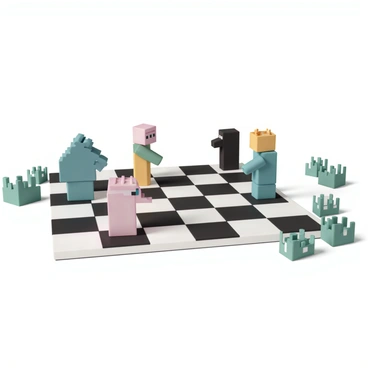A checkered chessboard with alternating black and white squares. Each chess piece is represented by a Minecraft character: a knight shaped like a Minecraft horse, a rook resembling a Minecraft house, a bishop as a Minecraft villager, a queen dressed as a Minecraft enderman, and a king as a Minecraft Steve wearing a crown. The characters are positioned in their respective starting locations on the board. Surrounding the chessboard are bright green Minecraft grass blocks and a few pixelated trees in the background, emphasizing the Minecraft theme.