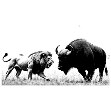 A large lion with a muscular build and a fierce expression is crouched low on the ground, its golden mane bristling as it prepares to pounce. Opposite the lion, a robust buffalo stands firmly, its dark body tense and poised for action. The buffalo's large horns curve outward, and its eyes convey determination. The scene takes place on the open savannah, with tall grasses surrounding the two animals. A few scattered acacia trees can be seen in the distance under a clear sky. The atmosphere is charged with intensity, as both animals are ready to charge at any moment.