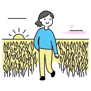 A person named "Maveli" is strolling through golden rice fields during sunset. The fields are filled with ripe rice plants, their golden heads swaying gently in the evening breeze. Maveli, wearing a light blue shirt and beige trousers, has a content expression on their face as they admire the harvest. The sun is setting on the horizon, casting warm hues of orange and pink across the sky, creating a beautiful backdrop. Maveli's hand is gently brushing against the rice plants as they walk, connecting with the bountiful harvest around them.