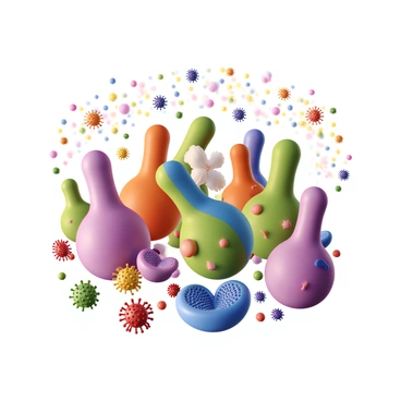 A group of adaptive immune cells, including T-cells and B-cells, are gathered together in a colorful, dynamic scene. The T-cells, with their distinct shapes and vibrant colors, are actively engaging with pathogens, displaying their elongated forms and varying sizes. Nearby, B-cells are releasing antibodies, depicted as small, glimmering particles spreading through the air. The environment is filled with representations of viruses and bacteria, illustrating the immune response in action. The overall composition showcases the collaboration and synergy among the immune cells, emphasizing their role in maintaining health.