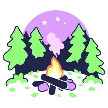A gentle smoke cloud rising from a campfire in a dense forest at dusk