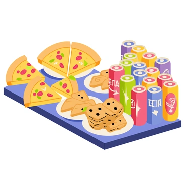 A colorful buffet table filled with various midnight snacks. The table features several triangular pizza slices with melted cheese and toppings like pepperoni and green peppers. There are plates piled high with freshly baked, chocolate chip cookies with gooey centers. Next to the cookies, multiple brightly colored soda cans are arranged, showcasing vibrant labels in shades of red, blue, and green. The setting has a fun, inviting atmosphere with each snack clearly visible and tempting.