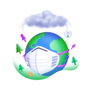 A visual representation of "Planet Earth" depicted as a globe with vibrant blue and green colors representing land and oceans. The globe is wearing a large, white protective mask covering its lower half. The mask has a subtle texture and features small filters visible on the sides. Above the globe, a cloud of gray carbon emissions is being filtered out, transforming into clear air as it passes through the mask. Surrounding the globe are small symbols representing various forms of life, such as trees, animals, and people, emphasizing the interconnectedness of the planet.