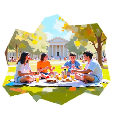 A group of diverse students seated on the lush green lawns of a university campus, enjoying a relaxed lunch break. Some students are sitting on picnic blankets, while others are lounging on the grass, sharing food and conversation. A young woman with dark hair is laughing as she bites into a sandwich, while a young man with glasses is pouring juice from a thermos into cups. Nearby, two students are playing a game of cards on a blanket spread out on the grass. The background features trees providing shade and a clear blue sky above, enhancing the lively and casual atmosphere of the scene.