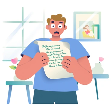A person with light brown hair is standing in a well-lit room, opening a letter with both hands. The letter is partially unfolded, revealing elegant handwriting inside that mentions a "family inheritance." The person's eyes are wide open in surprise, and their mouth is slightly agape. They are wearing a casual blue shirt and have a concerned expression on their face. A small table in the background is adorned with a vase of flowers and a framed family photo, adding context to the scene. Sunlight is streaming in through a window, creating soft shadows in the room.