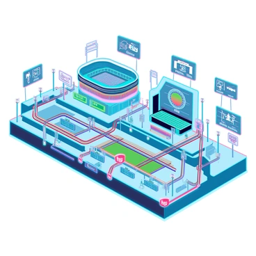 A detailed subway map featuring a vibrant color scheme to distinguish different subway lines. Each line connects various major sports venues and stadiums across a metropolitan area. Iconic landmarks such as a football stadium, basketball arena, baseball park, and hockey rink are marked with unique symbols and labels. The map includes clear station names and transfer points, showing how to navigate between the venues. Background elements suggest a bustling urban environment, with small illustrations of fans and sports equipment scattered throughout the design.