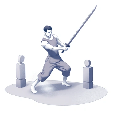 A muscular figure stands in a dynamic pose while wielding a large sword. The individual has short, dark hair and wears a simple training outfit with a sleeveless top. Their expression reflects intense concentration, with furrowed brows and narrowed eyes. The surroundings include a training area with wooden dummies positioned for practice. One of the wooden dummies shows signs of wear, indicating repeated training. Dust particles are visible in the air, suggesting movement and energy. The sword is raised high, poised to strike, capturing the moment of a powerful technique being executed.