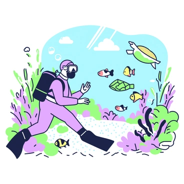 A scuba diver is exploring a vibrant underwater scene surrounded by marine life. The diver is wearing a full wetsuit with fins and a mask, with air bubbles rising around them. Schools of colorful fish swim nearby, darting in and out of a coral reef that features various shapes and textures. Sunlight filters through the water, creating dynamic patterns on the sandy ocean floor. In the background, a large sea turtle glides gracefully past, while a variety of aquatic plants sway gently in the current.