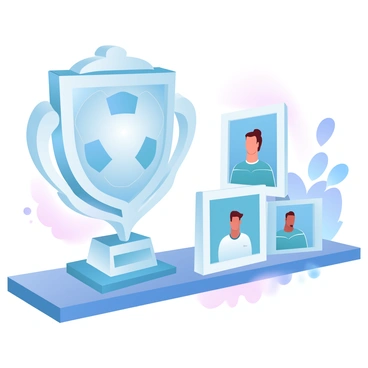 A sports trophy plaque with a prominent "soccer ball" design is displayed on a wooden shelf. The plaque is shiny and rectangular, with intricate details surrounding the soccer ball motif. Next to the plaque, there are framed team photos capturing various moments from soccer games, showcasing players in action. The shelf is neatly arranged, adding a sense of pride and achievement to the scene. The background is softly blurred, highlighting the trophy and photos as the main focus of the image.