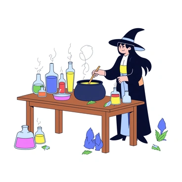 A witch with long, flowing black hair is standing at a wooden table. She wears a long, dark robe with a wide brimmed hat. The table is cluttered with an array of colorful potions in various glass bottles, each with unique shapes. The potions are vibrant, including shades of green, blue, red, and yellow, emitting gentle wisps of smoke. The witch is holding a wooden spoon, carefully mixing one of the potions in a large round cauldron that sits on the table. There are herbs and magical ingredients scattered around the table, adding to the enchanting atmosphere.