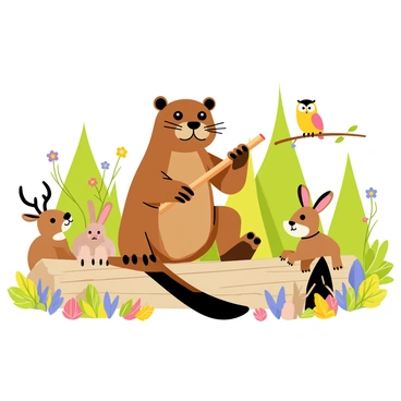 A beaver sitting on a log, holding a wooden flute between its paws. The beaver has a shiny brown coat and a flat, broad tail. Surrounding the beaver are various forest animals, including a curious deer with large ears, a group of rabbits with fluffy tails, and a wise owl perched on a nearby branch. All the animals are looking towards the beaver, visibly enjoying the music. The forest background is filled with green trees and colorful wildflowers, enhancing the lively scene.