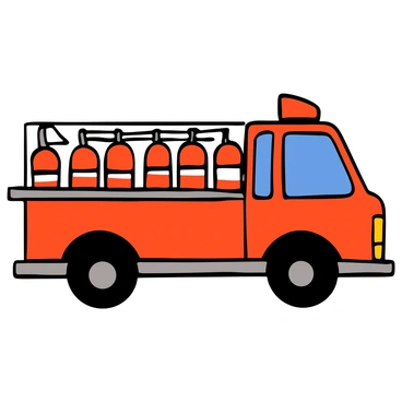 A fire engine truck with bright red paint and shiny chrome details is parked. On the side of the truck, there is a set of fire extinguishers stored neatly in a designated compartment. The fire extinguishers are bright red with white labels, showcasing their importance. The truck's siren lights are mounted on top, and the tires are large and black, reflecting off the truck’s polished surface. In the background, a clear blue sky contrasts with the vibrant colors of the fire truck.