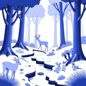 A lush forest filled with a variety of trees such as tall oaks, slender birches, and thick pines. Sunlight filters through the dense canopy, casting intricate shadows on the forest floor, which is covered in a blanket of vibrant green ferns and soft moss. Inhabitants of this forest include a deer standing gracefully among the trees, a family of rabbits peeking out from their burrow, and colorful birds perched on branches, each displaying distinct features. A small stream flows through the scene, with rocks scattered along its banks and the gentle sound of water bubbling over them. The overall composition conveys the richness of biodiversity and the importance of environmental preservation.