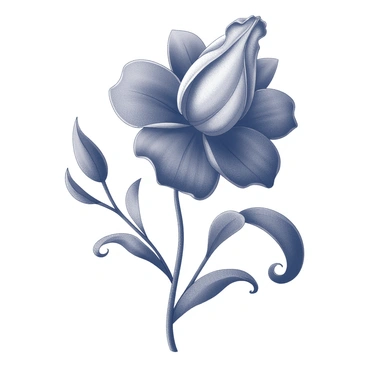 A detailed illustration of a black flower with intricate petals, showcasing the organic curves and flowing lines typical of Art Nouveau designs. The flower exhibits a symmetrical arrangement with delicate, swirling patterns surrounding it. Additional elements include ornate leaves that complement the shape of the flower, all set within a harmonious composition that emphasizes the natural form.
