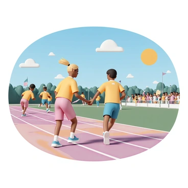 A group of students wearing colorful athletic uniforms, each with a unique design, are in the midst of a relay race. One student, with short black hair, is handing off a baton to another student, who has long blonde hair tied in a ponytail. The student receiving the baton is crouched slightly, preparing to sprint forward. In the background, other students are running on a track with vibrant lane markings. Some spectators can be seen cheering enthusiastically, waving banners and flags. The sun is shining brightly in a blue sky, adding energy to the scene.