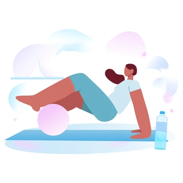 A person is sitting on a yoga mat, with one foot placed on a small fitness ball. The individual is stretching one leg while balancing on the other, demonstrating a stretching exercise. The fitness ball is bright and inflated, contrasting with the muted color of the yoga mat. The scene includes a serene indoor setting, with soft gradient pastel colors in the background, enhancing the calm atmosphere. A water bottle is placed nearby, indicating a fitness session.