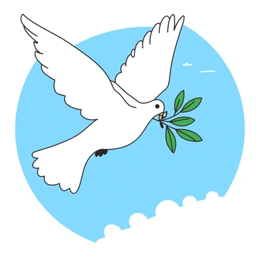 A white dove is flying gracefully through the air, carrying a green olive branch in its beak. The wings of the dove are spread wide, showcasing its feathers as it soars. Below the dove, there are soft, fluffy clouds scattered across a bright blue sky, providing a serene backdrop to the scene. The sunlight illuminates the dove, creating a soft glow around its body.