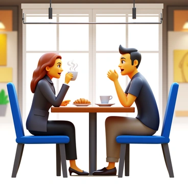 Two entrepreneurs engaged in an intense discussion while sitting at a modern café table. One entrepreneur is a woman with long, wavy brown hair, wearing a tailored blazer and sipping from a steaming cup of coffee. The other entrepreneur is a man with short black hair, dressed in a casual yet stylish outfit, leaning forward with an animated expression. The café has contemporary decor, featuring metal accents and artistic wall murals, with natural light streaming through large windows illuminating their conversation. A small plate with a croissant is placed on the table next to them.