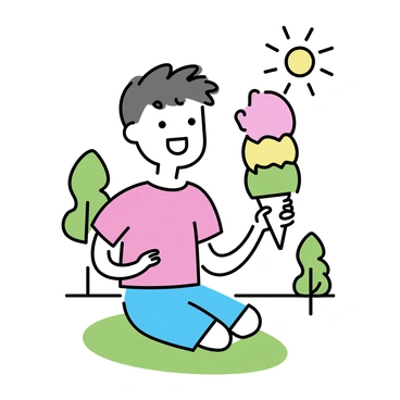 A child, with short brown hair and wearing a bright red t-shirt and blue shorts, is sitting on a green grass patch in the park. In their hands, they are holding a giant ice cream cone, topped with three colorful scoops: pink, yellow, and green. The sun is shining brightly, casting soft shadows on the ground. In the background, there are a few trees with green leaves and a clear blue sky. The child has a big smile, savoring the ice cream as it begins to melt slightly in the warmth.