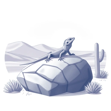 A lizard is positioned on a large, sunlit rock. The rock is rugged and textured, displaying cracks and crevices. Surrounding the rock, the desert landscape features sparse vegetation, including cacti and small shrubs, which add detail to the scene. The background includes rolling dunes with a clear sky above, suggesting a bright, sunny day. The lizard’s body is elongated, and it appears relaxed, its scales glistening under the sunlight.