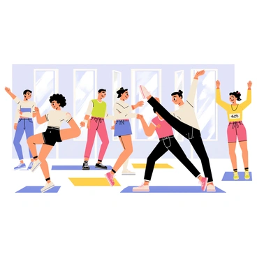 A lively dance class featuring several participants in dynamic poses. In the foreground, a woman with curly hair is performing a high kick, showcasing her toned leg muscles. Next to her, a man is executing a spin, his arms extended and showcasing defined biceps. In the background, a group of dancers is synchronized, with two women in vibrant workout gear gracefully leaping in the air. The studio has large mirrors reflecting the movements, and colorful mats are laid out on the floor. A bright, energetic atmosphere is created with sunlight streaming through the windows, illuminating the dancers.