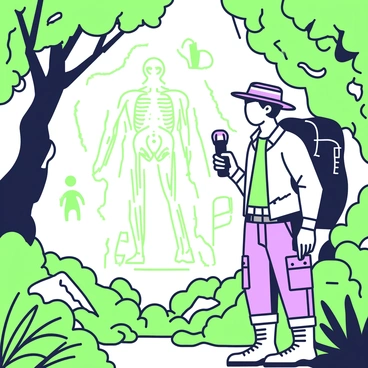 An explorer is standing in a dense jungle, surrounded by lush greenery and towering trees. He is wearing a rugged hat, a light-colored shirt, and cargo pants suitable for trekking. In front of him, cave walls are visible, adorned with ancient anatomical drawings. The drawings depict human figures with intricate details, highlighting muscles and bones. Sunlight filters through the jungle canopy, casting dappled light on the walls, emphasizing the faded colors of the drawings. The explorer is holding a flashlight in one hand, illuminating the artwork and revealing the textures of the stone surface.