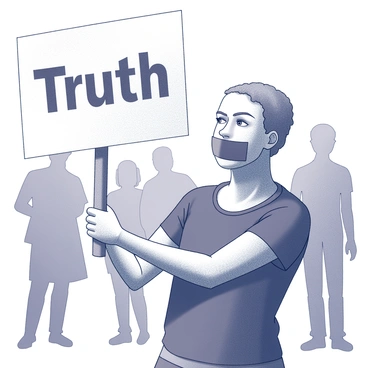 A protester stands firmly with a determined expression. They are holding a sign that reads "Truth" in bold lettering. The protester's mouth is covered with a strip of tape, symbolizing a silencing of their voice. Their eyes convey a sense of urgency and conviction. The setting is filled with other indistinct figures in the background, adding to the atmosphere of a protest.
