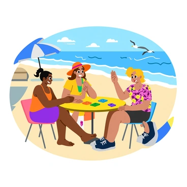 A group of three friends sitting around a small, round table playing mahjong on the sandy beach. One friend has short black hair and wears a colorful tank top, while another has long brown hair tied in a ponytail and is wearing a bright sun hat. The third friend has curly blonde hair and is dressed in a floral shirt. The table is covered with mahjong tiles in various colors and designs, and the friends are animatedly discussing their moves. In the background, gentle ocean waves can be seen rolling onto the shore, sparkling under the sunlight. A few seagulls fly overhead, and a beach umbrella is partially visible to the side.