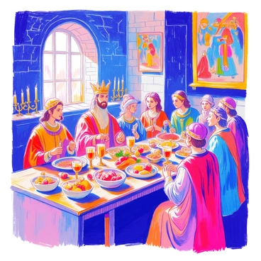 A lavish medieval feast takes place in a grand hall. At the head of the long wooden table, there is a king wearing an ornate crown and a richly embroidered robe. The table is laden with an array of colorful dishes, including roast meats, large bowls of fruits, and golden goblets filled with wine. Candles flicker in ornate holders, casting a warm glow over the scene. Surrounding the king, nobles in fine garments converse animatedly and enjoy the bounty of the feast. Tapestries hang on the stone walls, depicting scenes of valor and royalty.